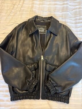 Black Faux Leather Bomber Zip-Front Jacket